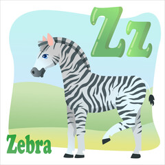 Fototapeta na wymiar Letter Z, cute zebra on a field background, striped horse, african animal drawn in cartoon style. Children's English alphabet. Vector illustration isolated on white background