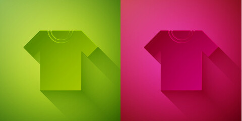 Paper cut T-shirt icon isolated on green and pink background. Paper art style. Vector.