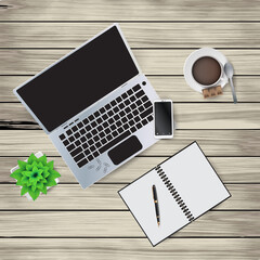 Vector illustration of workplace elements on a wooden background. Notepad, pen, coffee cup, spoon, paper clips, flower in a pot, notebook. EPS 10.