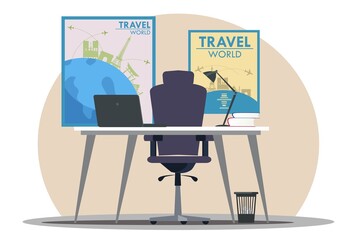 Travel agency office background. Interior design of world travel workspace vector illustration. Desk with laptop, books and lamp, chair, posters and banners on wall. Tourist vacation