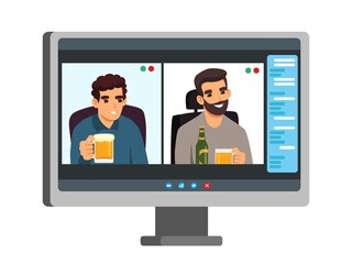 People drinking beer at online video call on computer screen. Communication via digital technology vector illustration. Male friends celebrating with beer. Virtual digital meeting