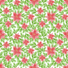 Red Poinsettia seamless pattern. Watercolor christmas illustration