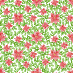 Fototapeta premium Red Poinsettia seamless pattern. Watercolor christmas illustration