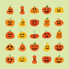 bundle of halloween pumpkins in green background flat style icons
