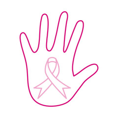 breast cancer awareness month, pink hand with ribbon campaign, healthcare concept line icon