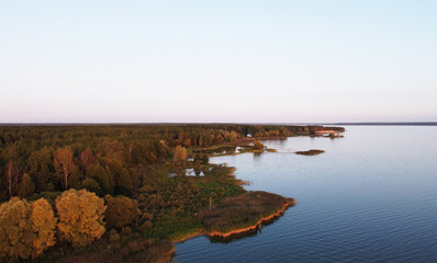 Top view of a calm large forest lake