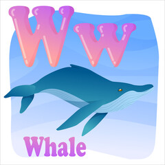 Letter W, blue whale, sperm whale. sea ​​animals drawn cartoon style. Children's English alphabet. Vector illustration isolated on white background