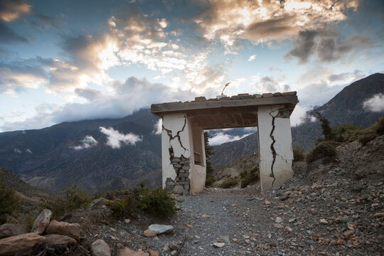 A broken gate in the himalayas after the Nepal earthquake.