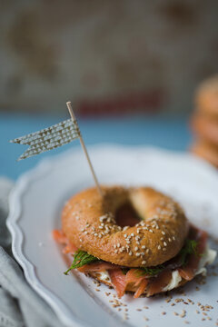 Homemade gravad lax and cream cheese stuffed bagel