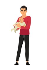 Happy father with baby. Man holding little child in arms. Parenthood vector illustration. People together. Daddy caring about child