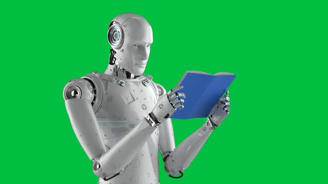 Machine learning concept with 3d rendering humanoid robot reading a book on green screen background 4k footage