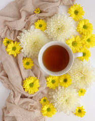 White and yellow chrysantemum flower, dahlia flat lay photo. Autumn flowers on white background, social media photo, commercial instagram photo