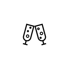 two champagne glasses with bubbles. flat goblet icon. Black simple pictogram isolated on white background.