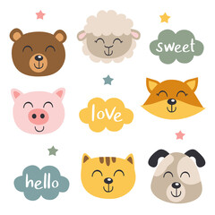 set of isolated baby animals faces and clouds
-  vector illustration, eps