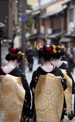 Traditional geisha and maiko out and about walking in Gion Kyoto Japan.	