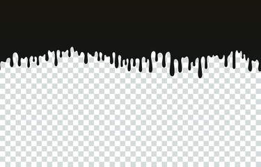 Flowing drops of paint. Seamless vector border. Abstract empty background for food design: jam, honey, syrup. Thick fluid stream. Seamless current ink stains isolated on transparent background.