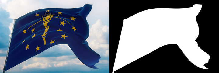 Flags of the states of USA. State of Indiana flag. 3D illustration. Set of flag and alpha matte image. United States of America states flags collection.