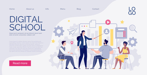 Website template. The concept of staff training, meeting, business, teamwork. Digital scool. Vector illustration in cartoon flat style.
