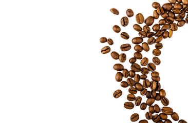 Circle frame of roasted brown coffee beans isolated on white. Detail of circle.