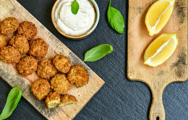  Home made Crispy Chicken   Popcorn with honey mustard sauce on wooden background
