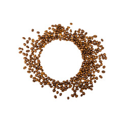 Circle frame of roasted brown coffee beans isolated on white.