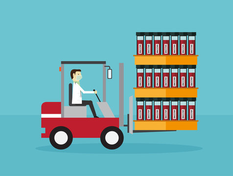 Doctor driving forklift truck contain a packs of vaccine