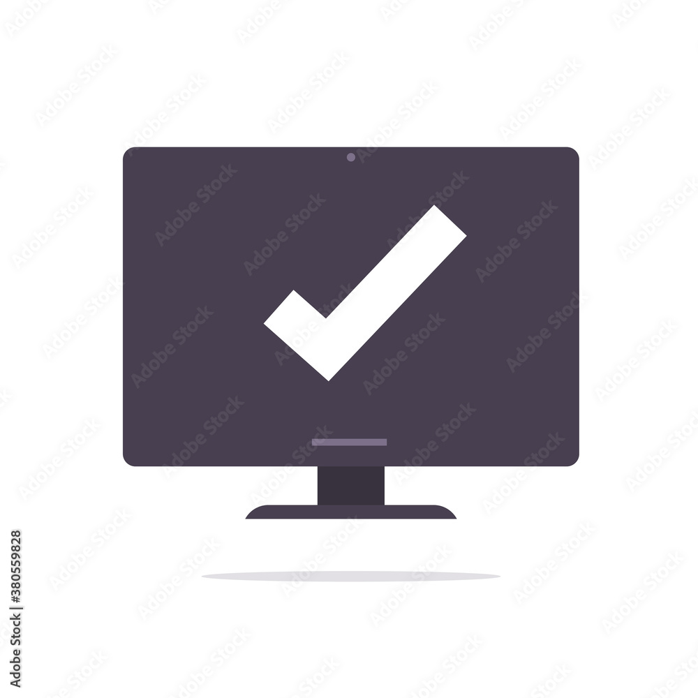Poster confirm notice message check mark icon vector on desktop computer pc, approved checkmark select noti