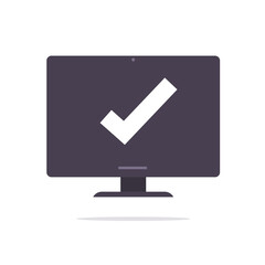 Confirm notice message check mark icon vector on desktop computer pc, approved checkmark select notification flat symbol isolated clipart, screen online tick choose note or updated task