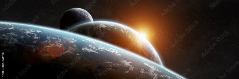 Poster panoramic space planets background. panorama of distant solar system with exoplanets 3d rendering el