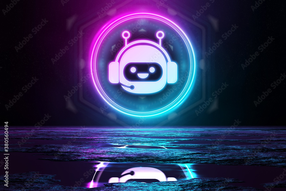 Aufkleber digital chatbot holographic icon illuminating the floor with blue and pink neon light 3d rendering