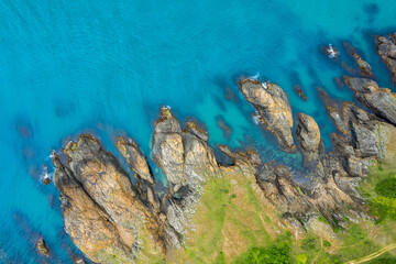 Aerial view over beautiful sea cliffs, surrounded by clear blue sea water, Black sea coast, Bulgaria