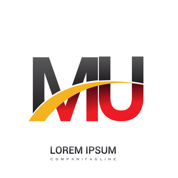 initial letter MU logotype company name colored red, black and yellow swoosh design. isolated on white background.