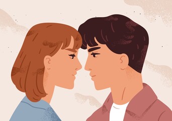 Man and woman looking to each other feeling love vector flat illustration. Enamored couple before first kiss. Profile face of male and female at romantic date. Passion and relationship concept