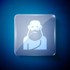 White Socrates icon isolated on blue background. Sokrat ancient greek Athenes ancient philosophy. Square glass panels. Vector.