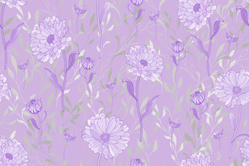 Light violet floral seamless pattern with calendula. Monochrome. For textile, wallpapers, print, greeting. Vector.