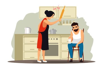 Angry wife yells at drunk husband. Woman shouting, screaming, fighting, sad man siiting with bottle. Unhappy marriage, family conflict vector illustration. Domestic quarrels