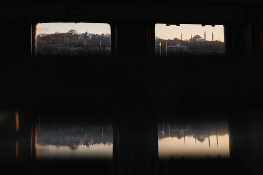 The Historical Peninsula of Istanbul through the windows of a Ferryboat.