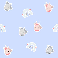 Obraz premium Seamless patterns. Scandinavian style kids collection. Cute stickers unicorn girl and horse boy and rainbow with hearts on a light blue background. For design, textile, packaging, wallpaper. Vector