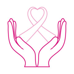 breast cancer awareness month, hands with ribbon shaped heart support, healthcare concept line icon