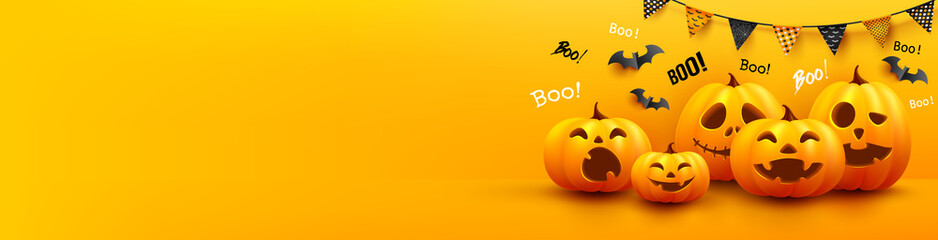 Happy Halloween poster and banner template with cute halloween pumpkin, bats and buntings on yellow background. Website spooky,Background or banner Halloween template.Vector illustration EPS10