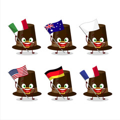 Brown pilgrims hat cartoon character bring the flags of various countries