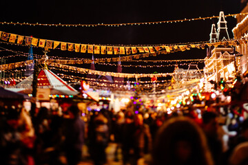 Crowded winter fair in the evening