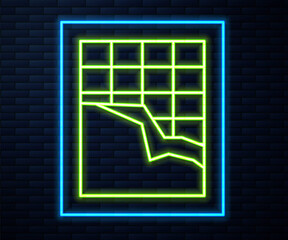 Glowing neon line Chocolate bar icon isolated on brick wall background. Vector Illustration.