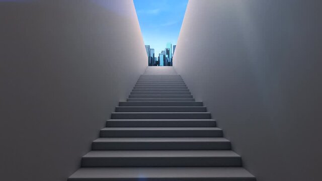 3d rendering empty staircase with cement wall lead to city 4k footage