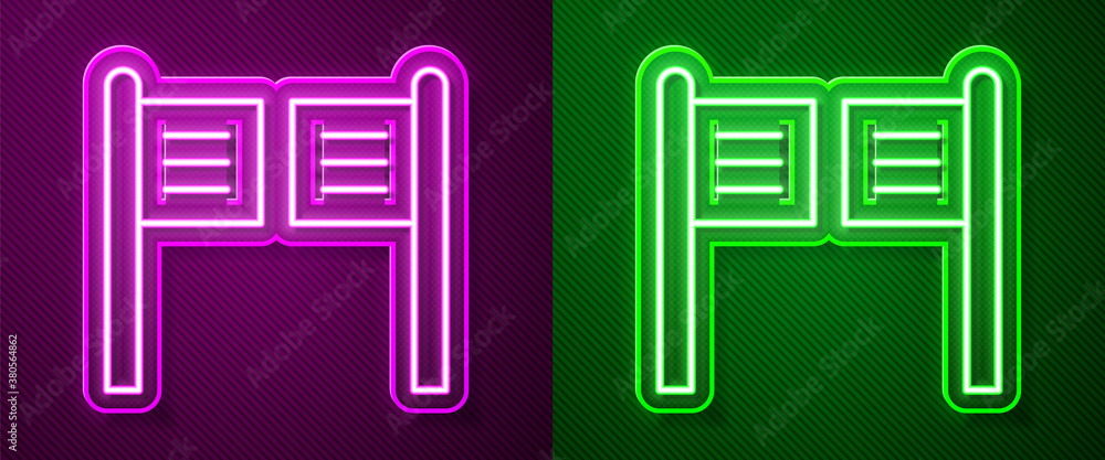 Poster Glowing neon line Old western swinging saloon door icon isolated on purple and green background. Vector Illustration.