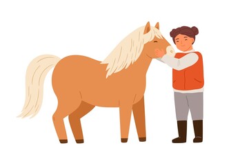 Smiling little girl hugging pony feeling love vector flat illustration. Happy child embracing and taking care to adorable horse isolated on white. Cute female kid spending time with farm animal