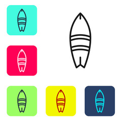 Black line Surfboard icon isolated on white background. Surfing board. Extreme sport. Sport equipment. Set icons in color square buttons. Vector Illustration.