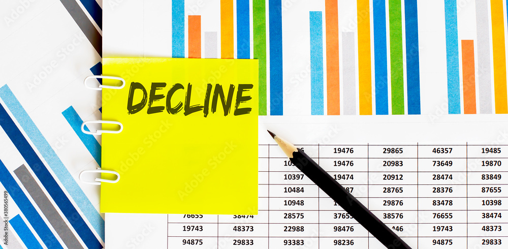 Poster yellow sticker with text decline on chart with pencil . it can be used as a business and financial c