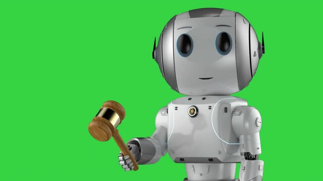 Cyber law concept with 3d rendering mini robot hand holding gavel judge on green screen 4k footage