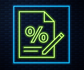 Glowing neon line Finance document icon isolated on brick wall background. Paper bank document for invoice or bill concept. Vector Illustration.